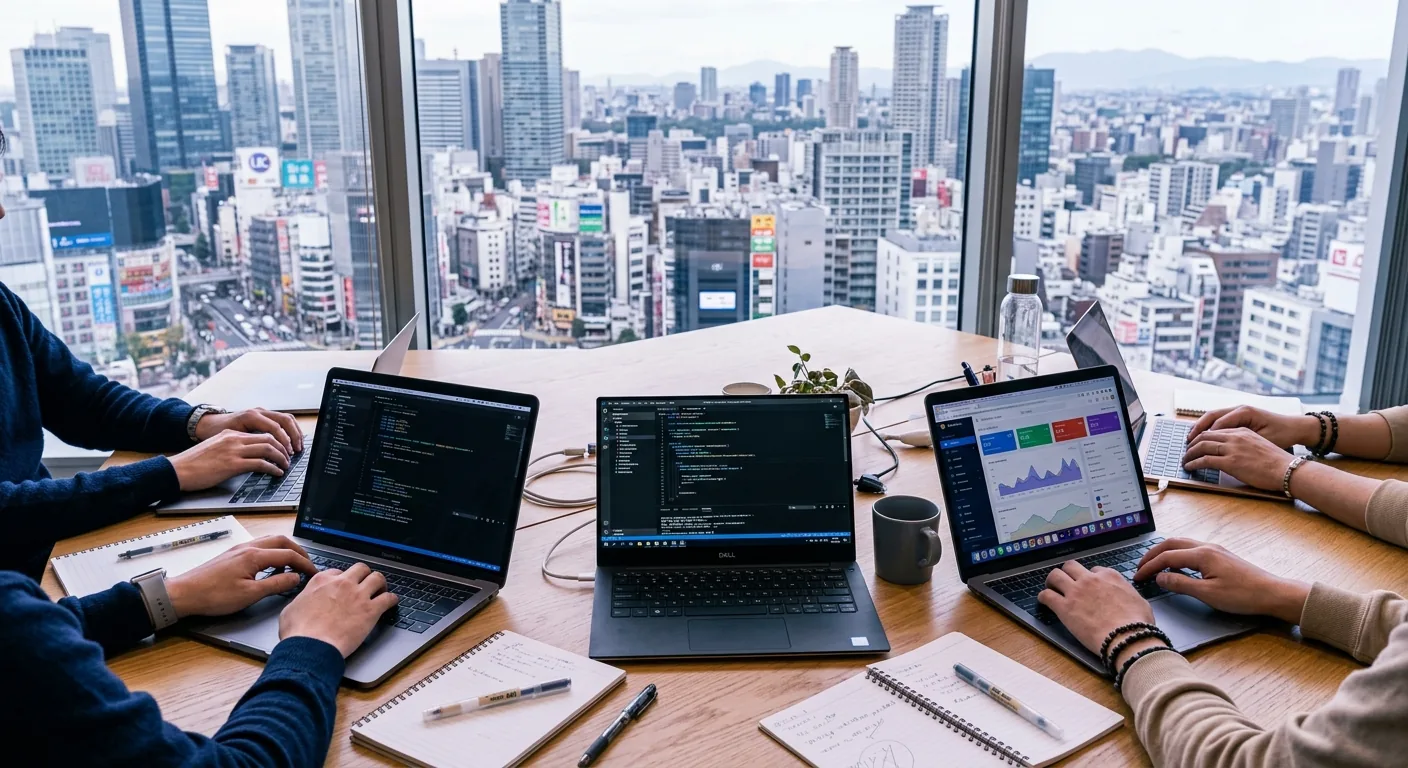 東京の高層ビルを背景にチームでノートPCを使い作業する様子