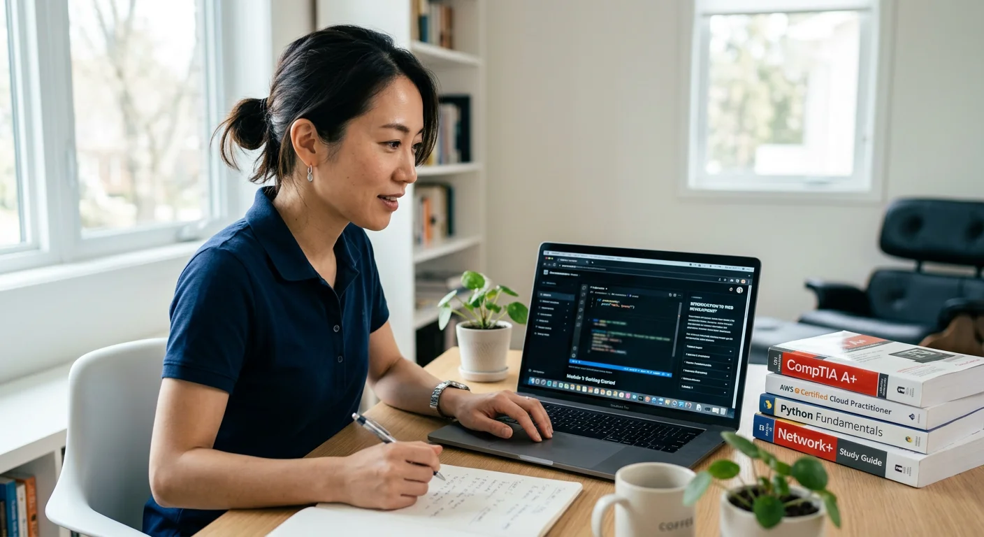 自宅でPCとノートを使い学習する女性